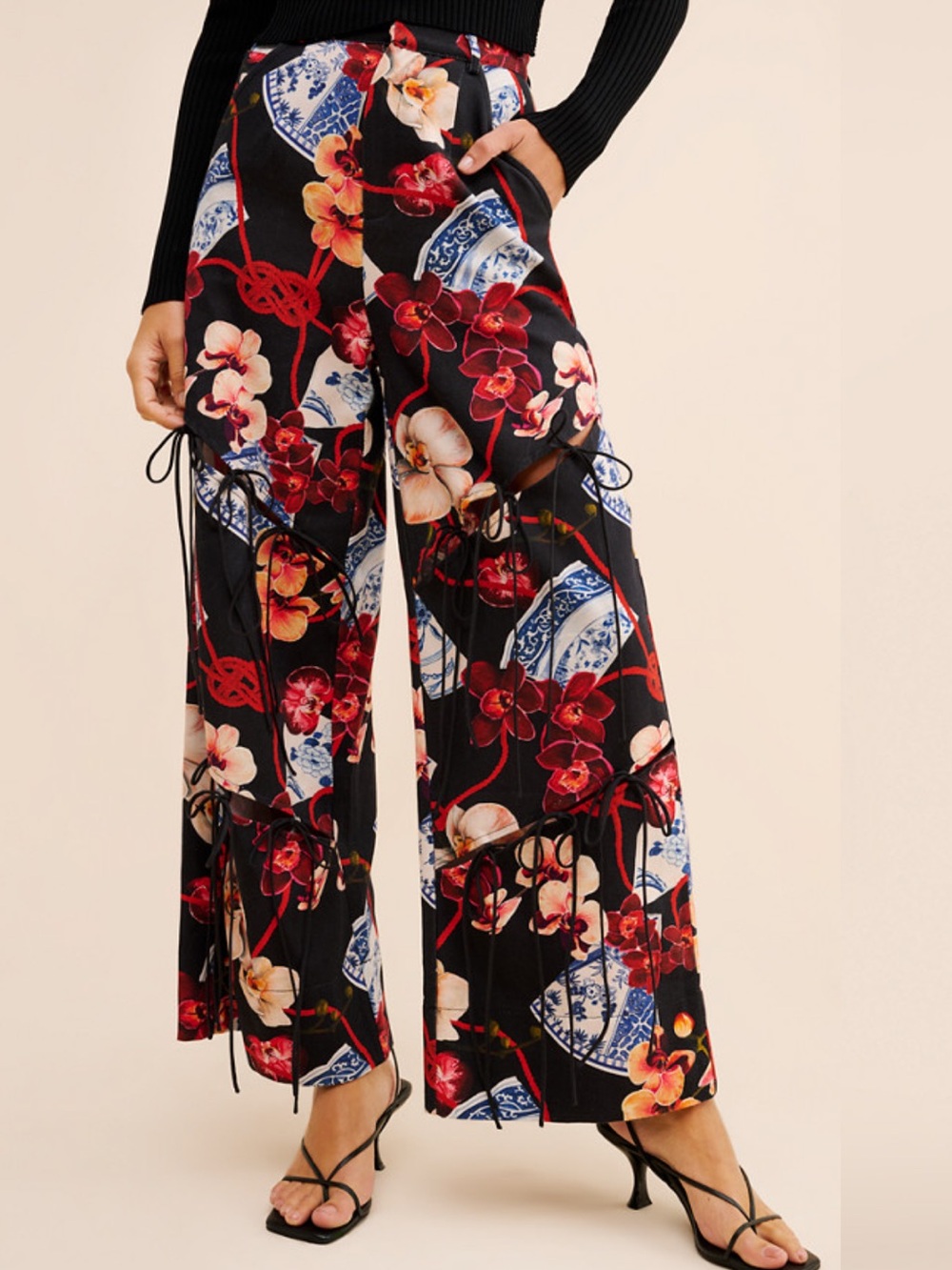 Allina Liu Twig Floral & Vase Pattern Relaxed Wide Leg Pants